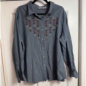 Cabin Creek Blue Gingham Embroidered Floral Long Sleeve Button Up Shirt 3X